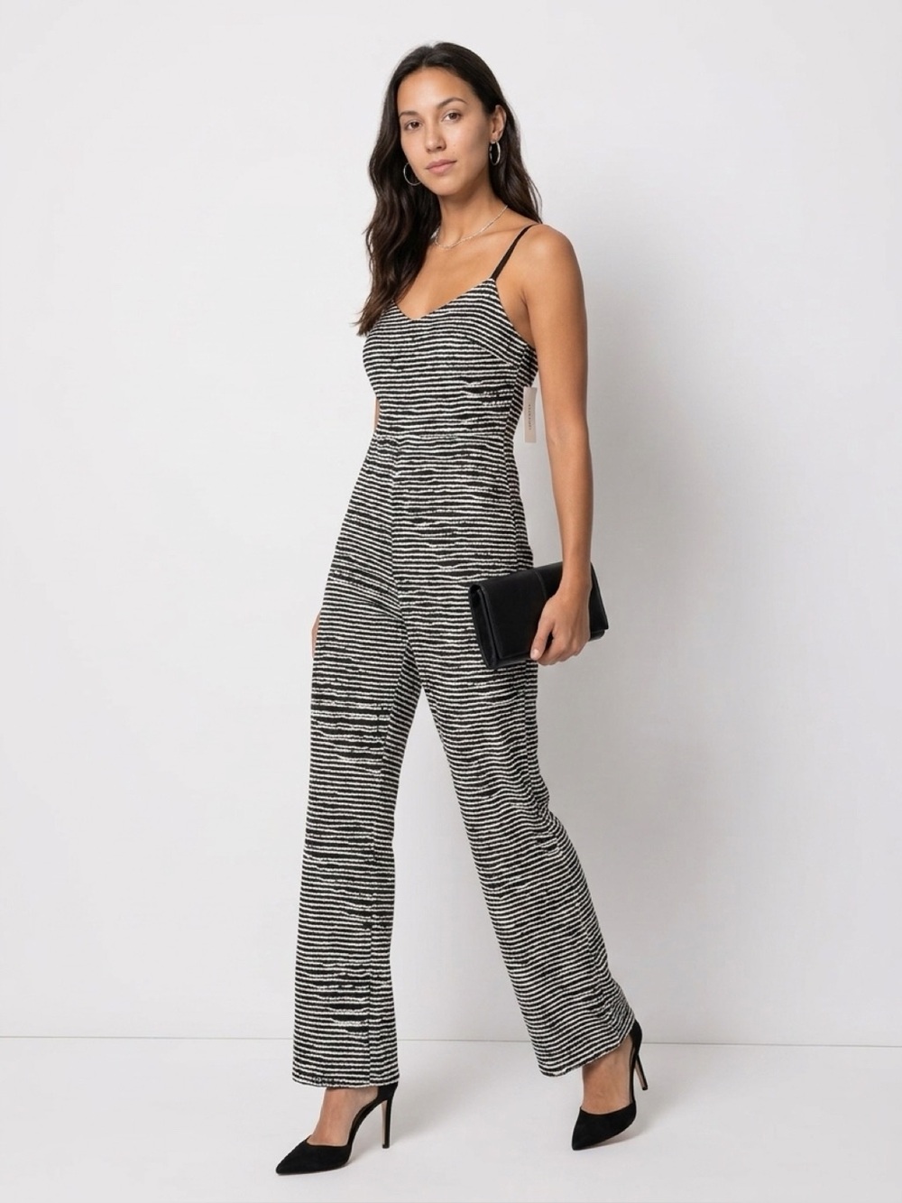 SHEIN Black & White Striped Sequined Spaghetti Strap Jumpsuit